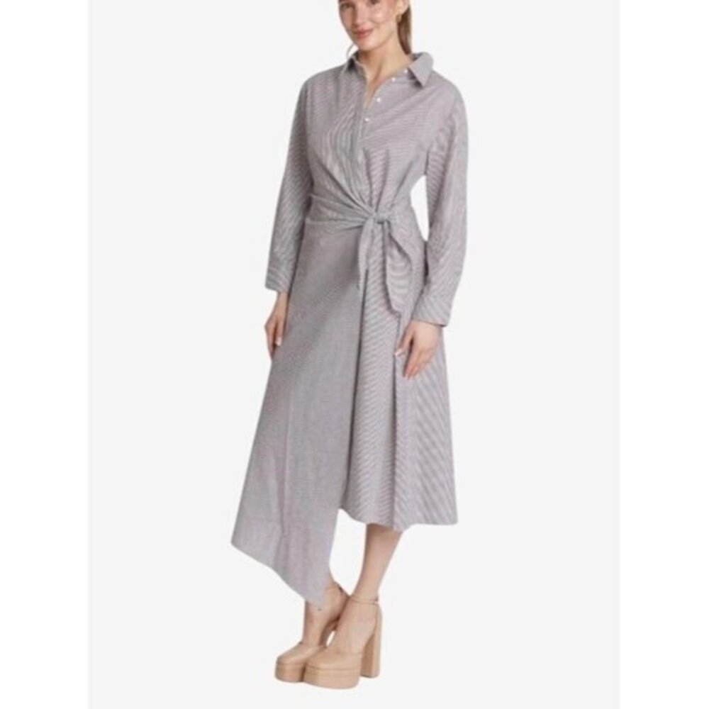 Taylor Tillman Samantha Dress M Brown Striped Cotton Long Sleeve Belted Midi